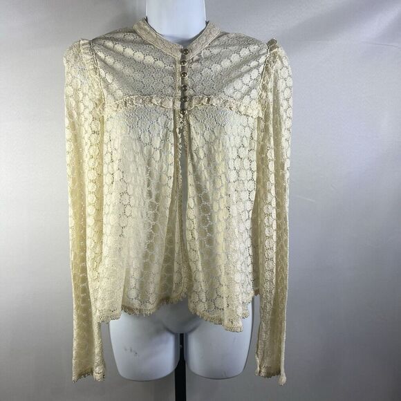 Free People Blouse Ivory Victorian Ruffle Lace Floral JacketCrochet Brass Med. - Picture 10 of 16